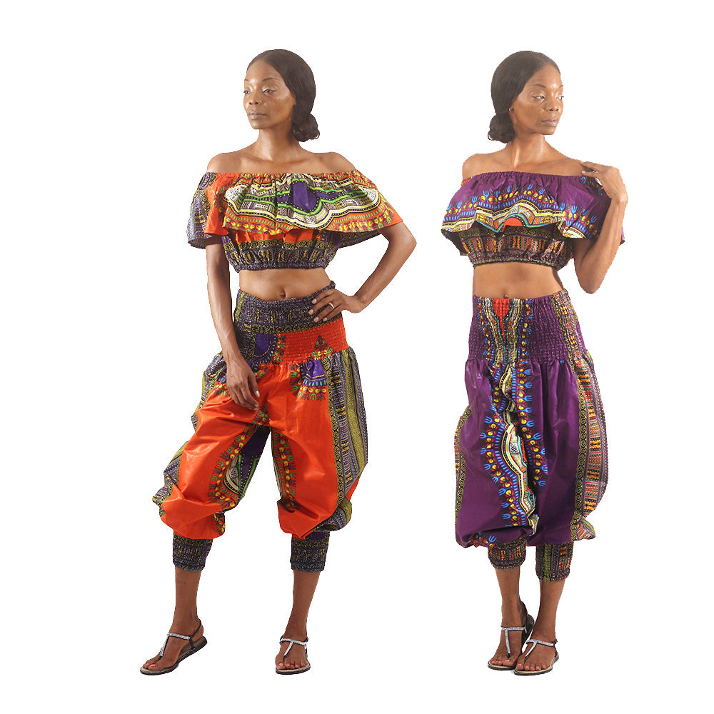 traditional print off shoulder top & genie pants set