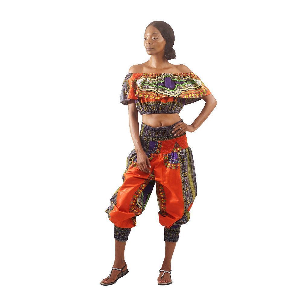 traditional print off shoulder top & genie pants set