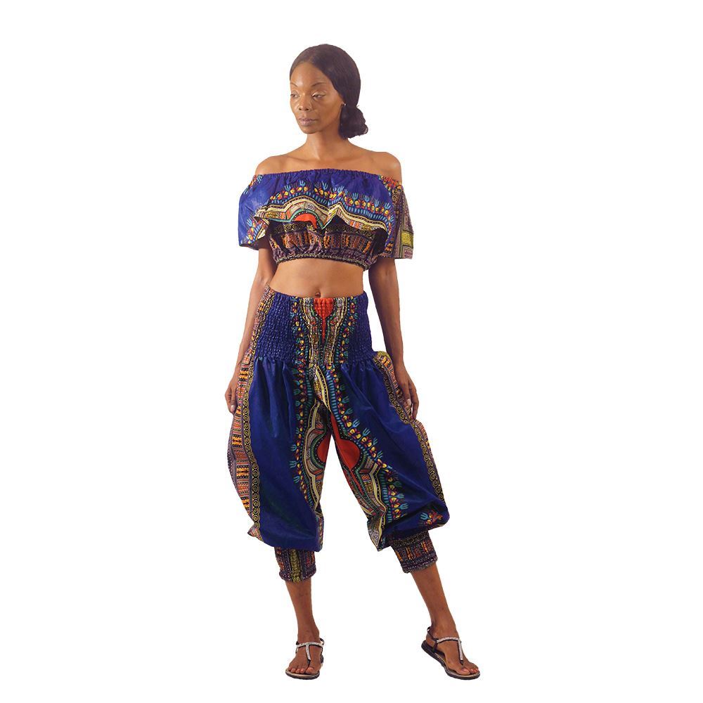traditional print off shoulder top & genie pants set
