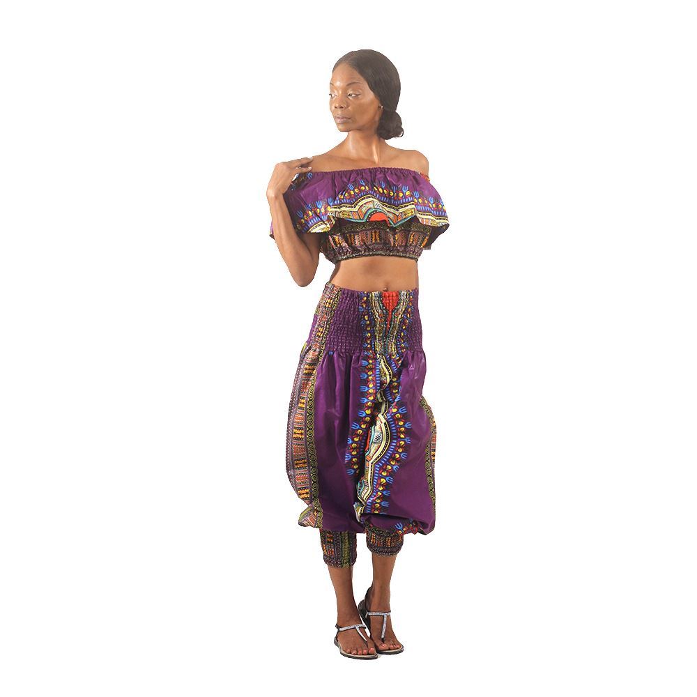 traditional print off shoulder top & genie pants set