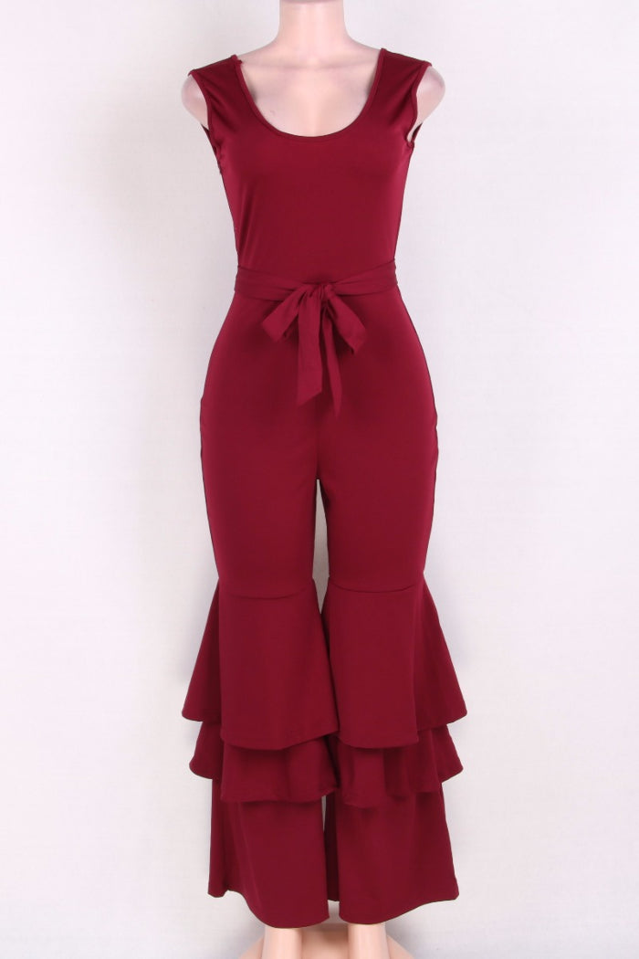 red ruffled bottom jumpsuit