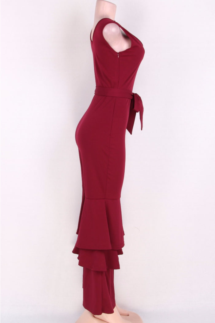 red ruffled bottom jumpsuit