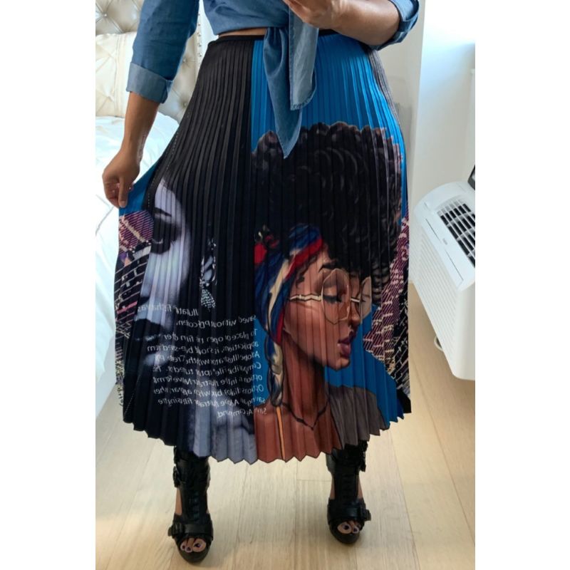 black woman face print pleated skirt