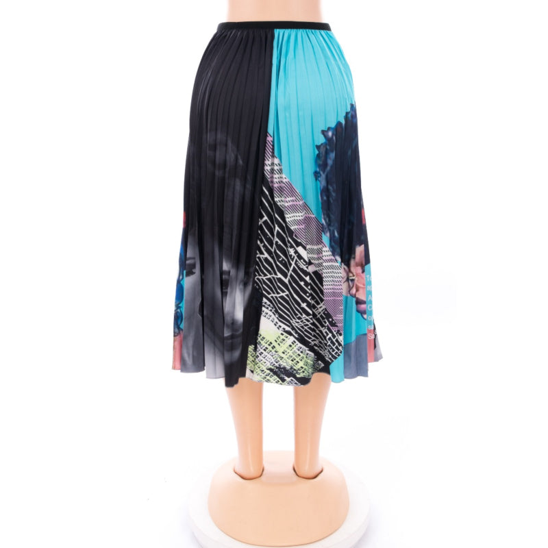 black woman face print pleated skirt