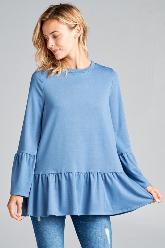 French Terry Ruffled Bottom Long Sleeve Top