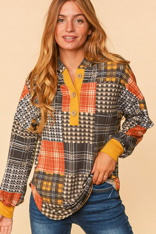 PLAID PATCHWORK BUTTON DOWN LOOSE FIT HOODIE