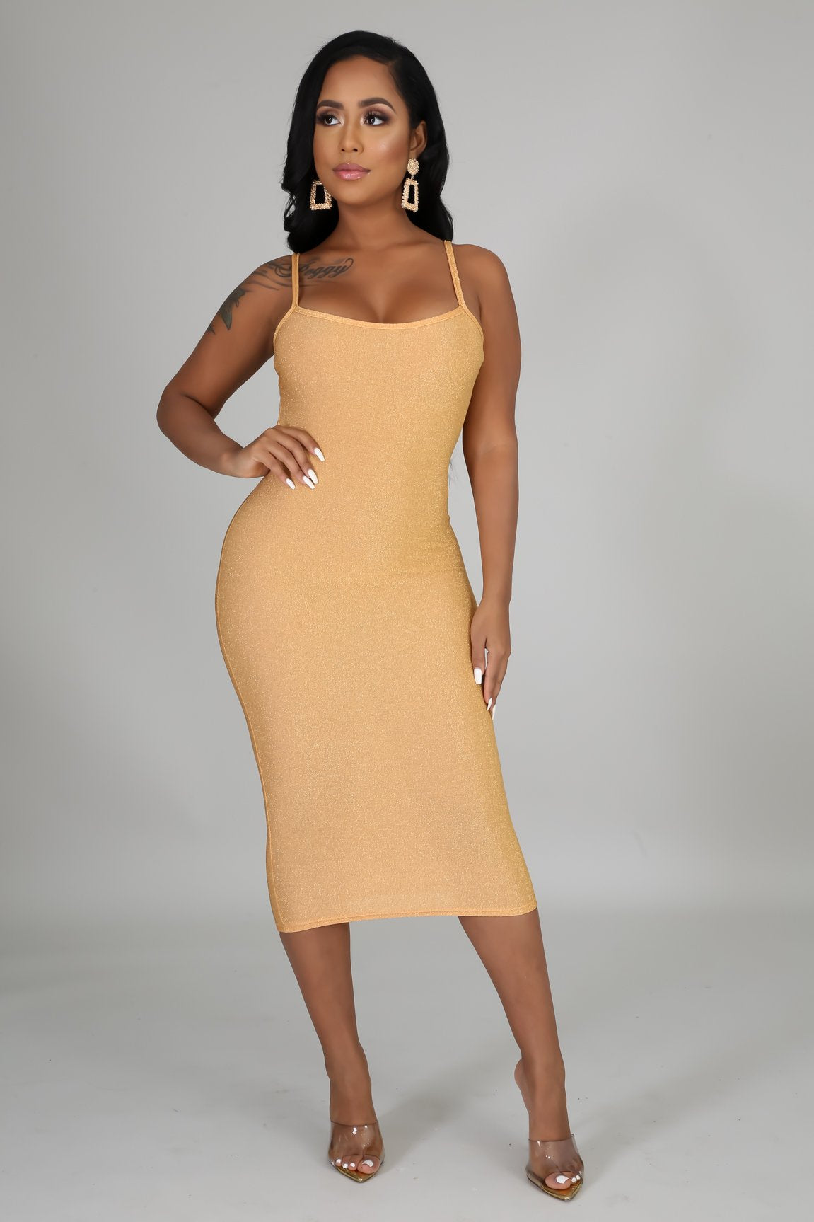 gold midi dress & cardigan set