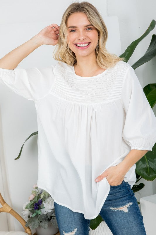PLUS SIZE SOLID PINTUCK TUNIC BLOUSES