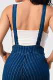 High Waist Striped Stretched Suspender Flare Denim Jumpsuit