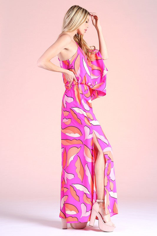 Cartoon Leaf Print Slouchy One Shoulder Maxi Dress