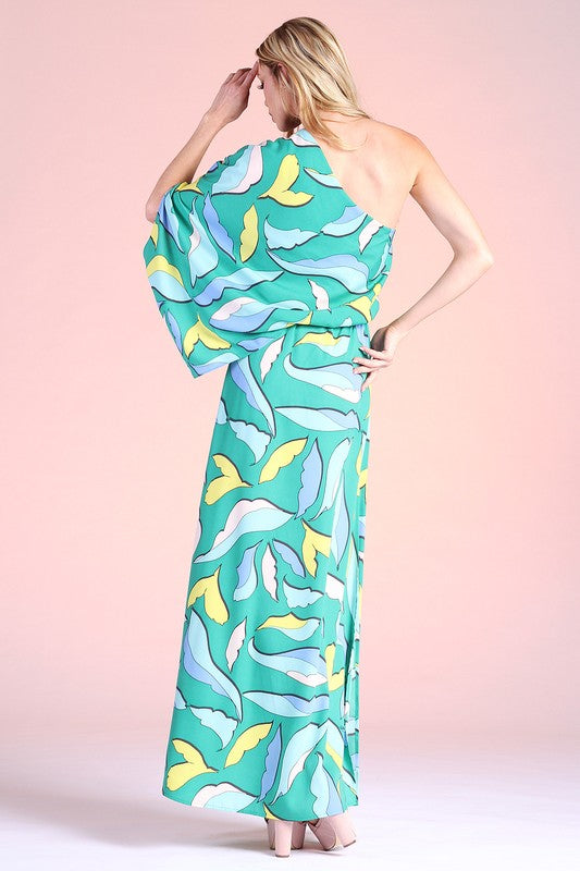Cartoon Leaf Print Slouchy One Shoulder Maxi Dress