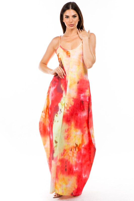 Tie Dye Spaghetti Strapped Loose Pocketed Maxi Dress