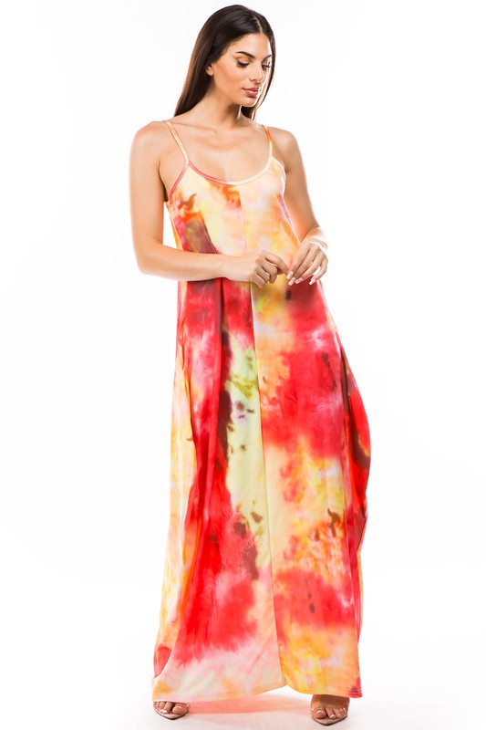 Tie Dye Spaghetti Strapped Loose Pocketed Maxi Dress