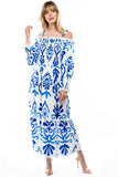 Blue & White Off Shoulder Maxi Dress