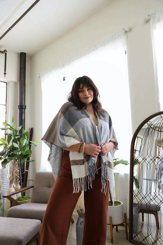 Woven Flannel Tassel Ruana Poncho