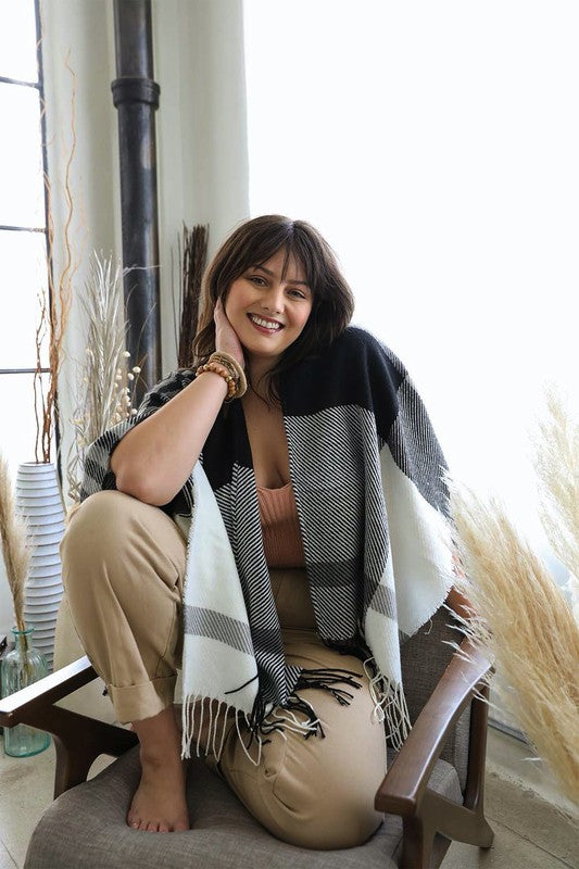 Woven Flannel Tassel Ruana Poncho