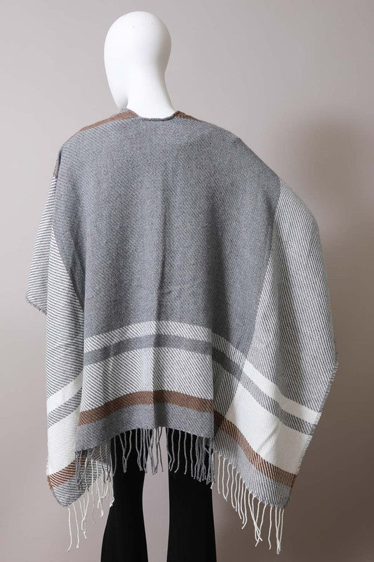 Woven Flannel Tassel Ruana Poncho