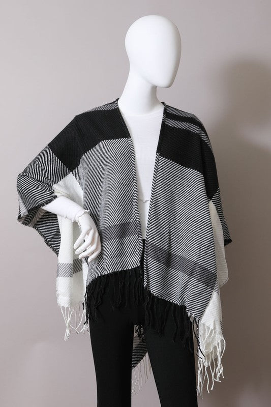 Woven Flannel Tassel Ruana Poncho