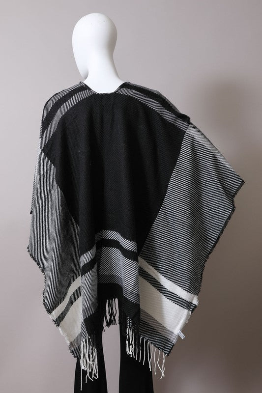 Woven Flannel Tassel Ruana Poncho
