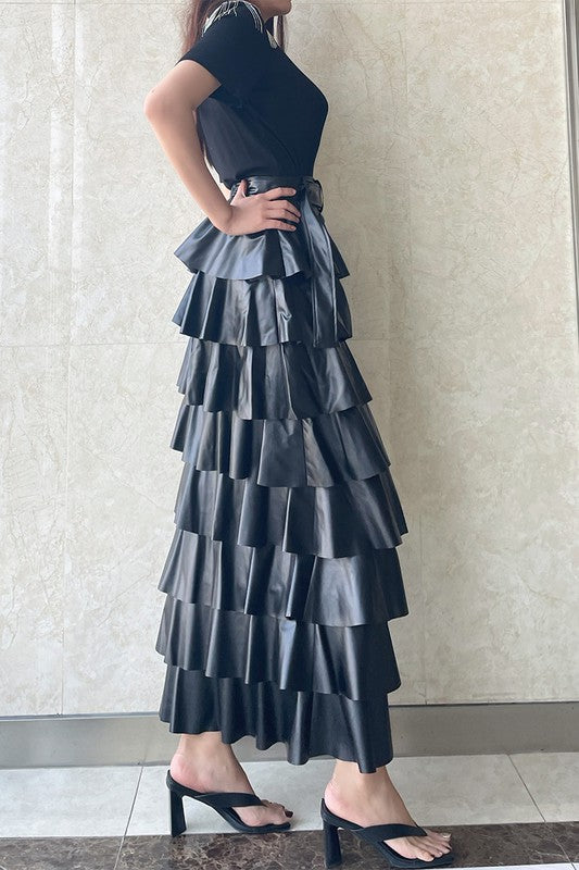 Button Down Layers Leather Skirt