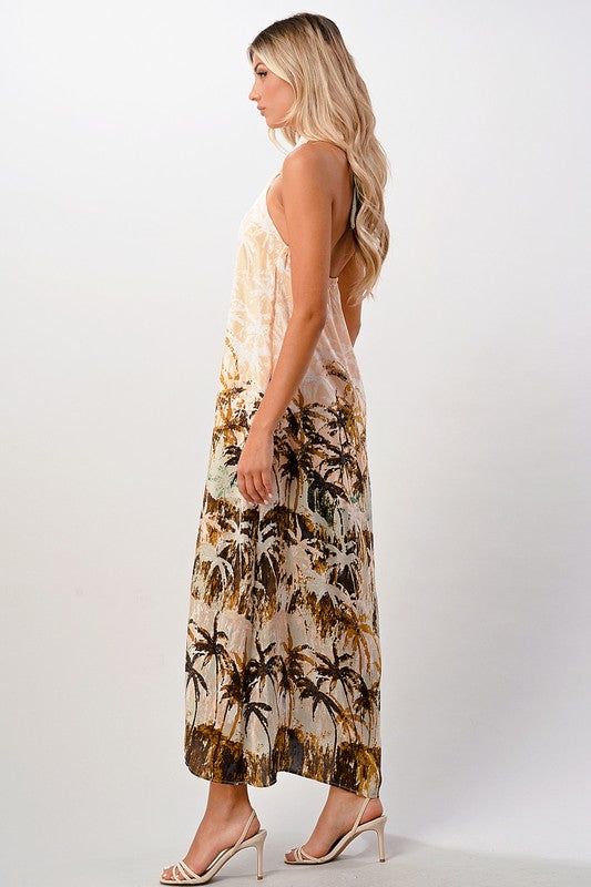 Palm Tree Halter Silk Maxi Dress1