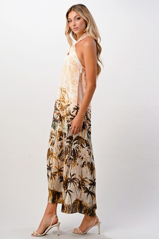 Palm Tree Halter Silk Maxi Dress1