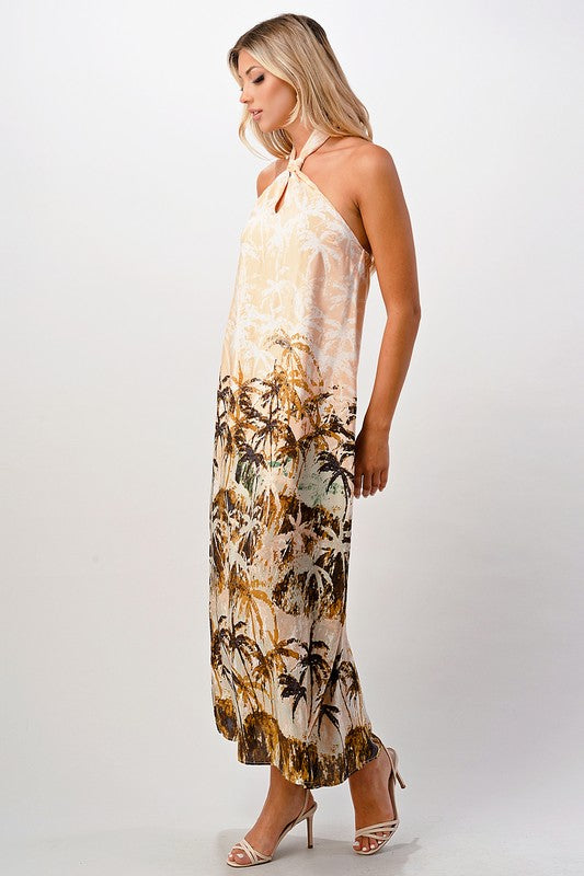 Palm Tree Halter Silk Maxi Dress1