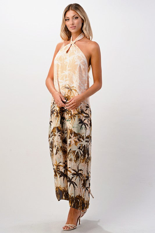 Palm Tree Halter Silk Maxi Dress1