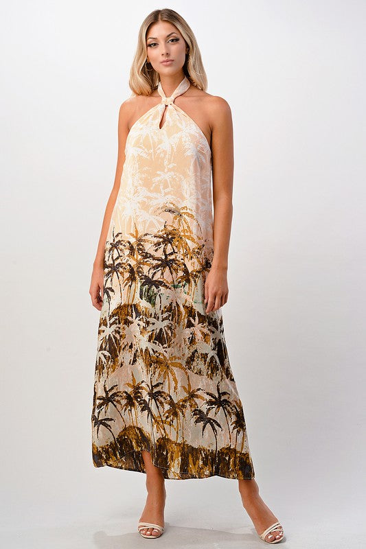Palm Tree Halter Silk Maxi Dress1