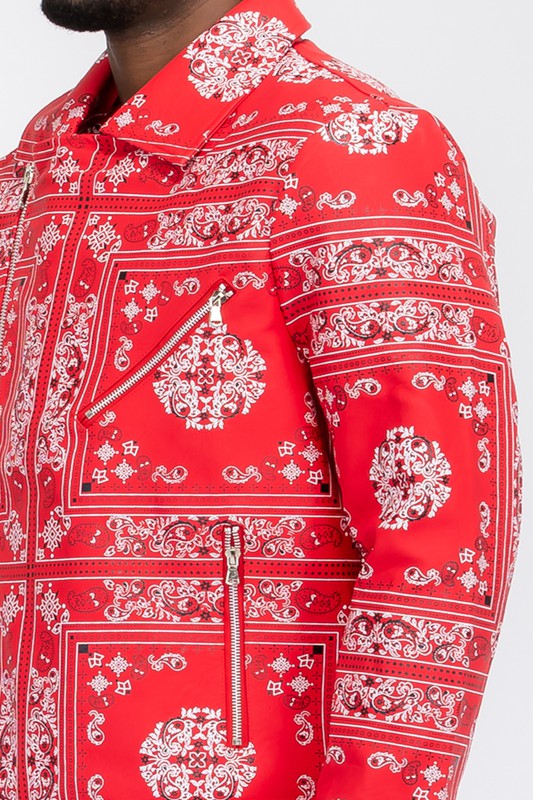 MEN'S BANDANA PRINT FAUX LEATHER JACKET
