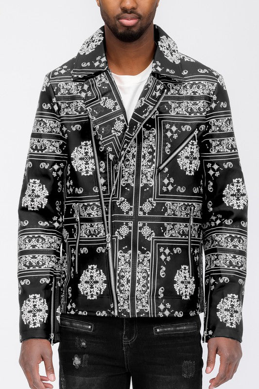 MEN'S BANDANA PRINT FAUX LEATHER JACKET