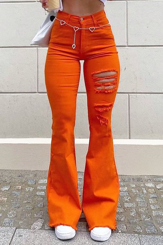 Orange Distressed Bell Bottom Jean