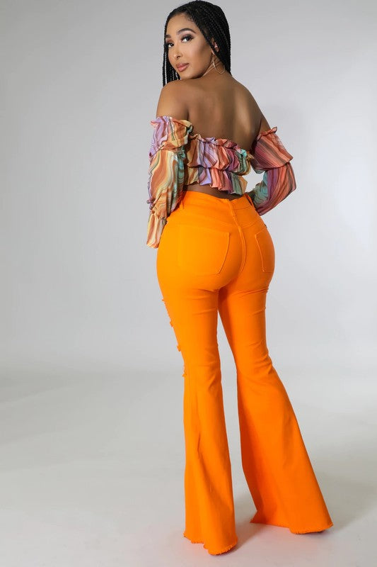 Orange Distressed Bell Bottom Jean