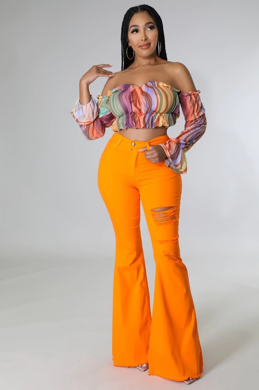 Orange Distressed Bell Bottom Jean