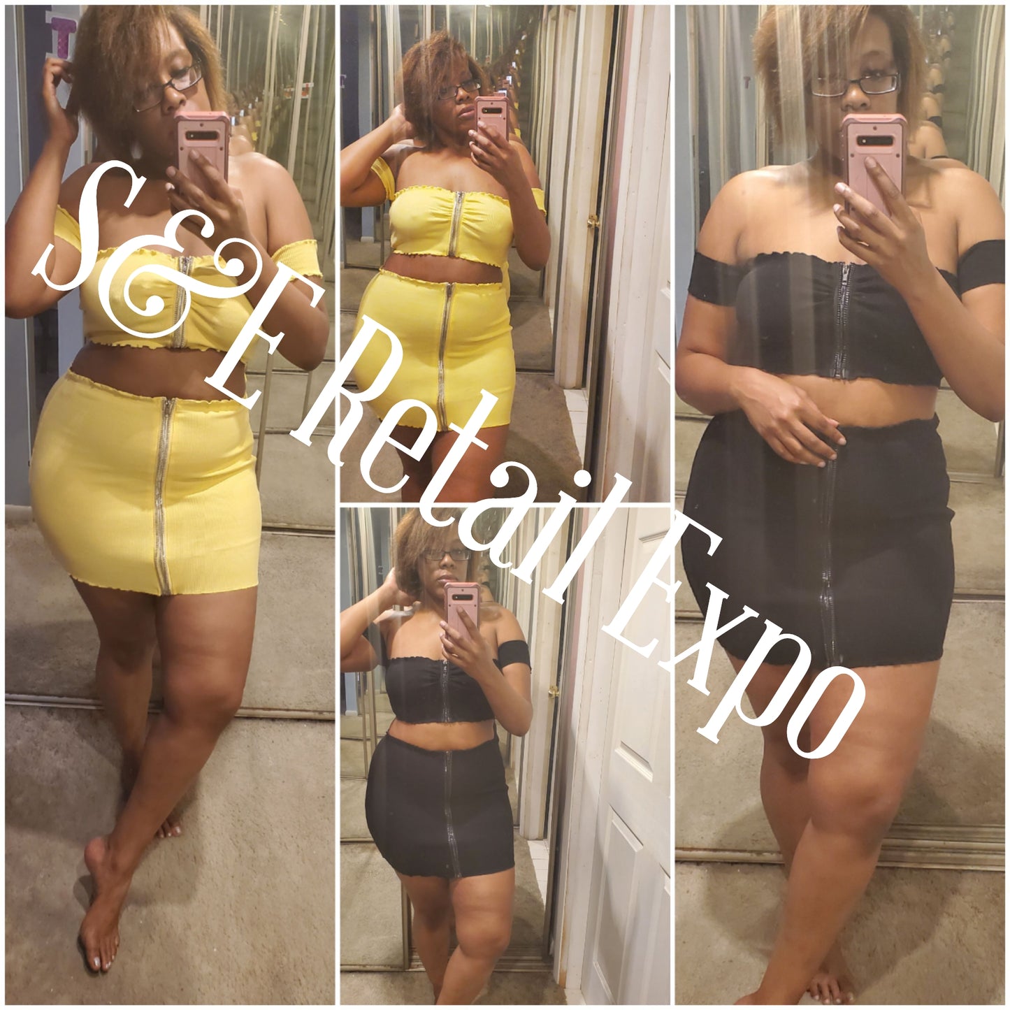 zipped up mini skirt & cropped off shoulder top set