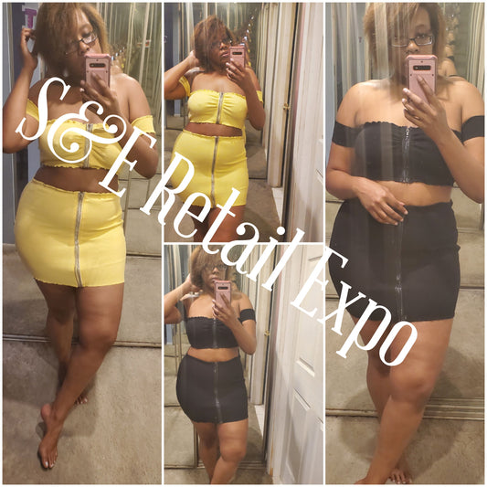 zipped up mini skirt & cropped off shoulder top set