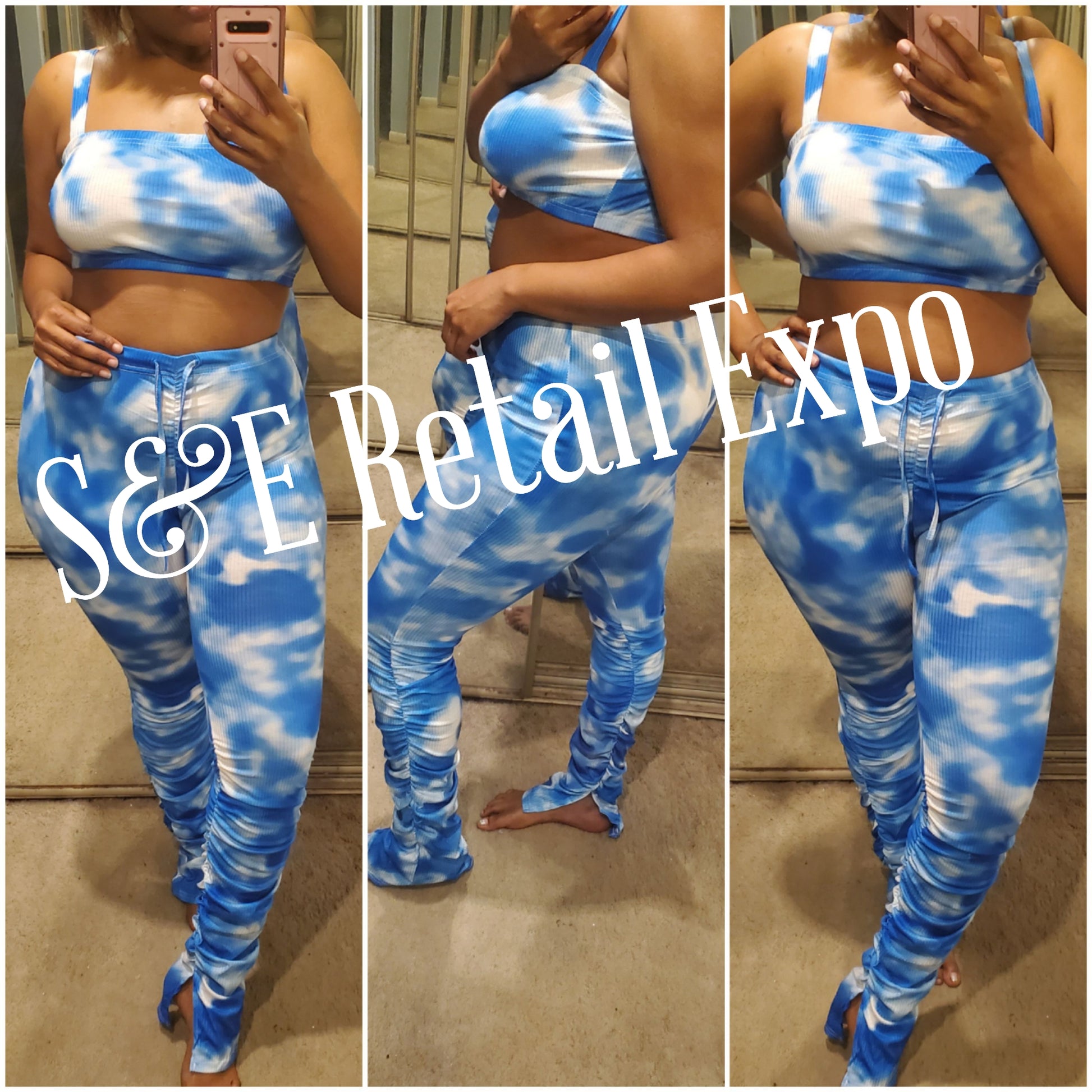 blue & white ruched stacked pants & cropped top tie dye set