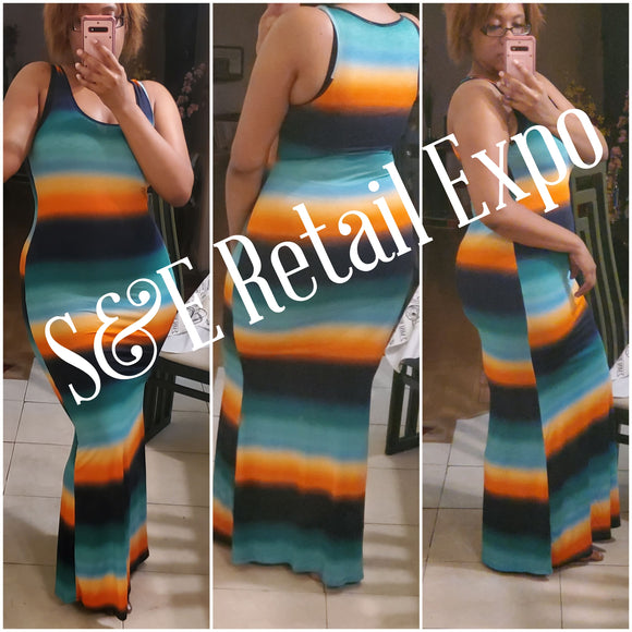 multicolor striped maxi dress with matching face mask