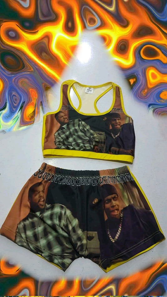 "friday" movie theme printed sleepwear snack candy booty shorts & tube top set