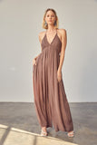 DRIED CACAO HALTER NECK BACK TIE JUMPSUIT