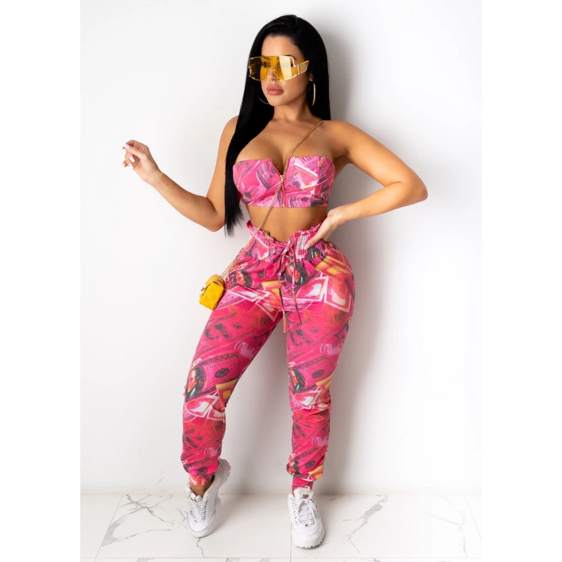 "money money money" usa $100 bill pink cropped top & pants set