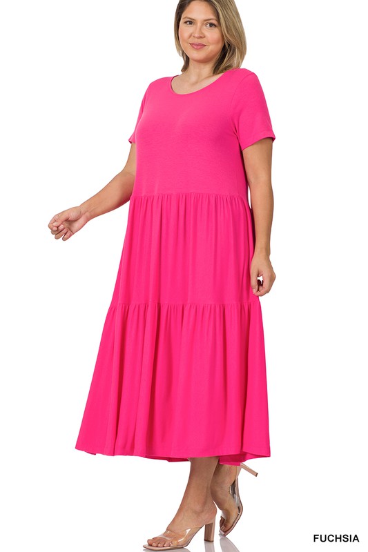 PLUS SIZE SHORT SLEEVE TIERED MIDI DRESS
