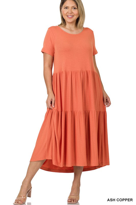 PLUS SIZE SHORT SLEEVE TIERED MIDI DRESS