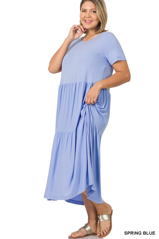 PLUS SIZE SHORT SLEEVE TIERED MIDI DRESS