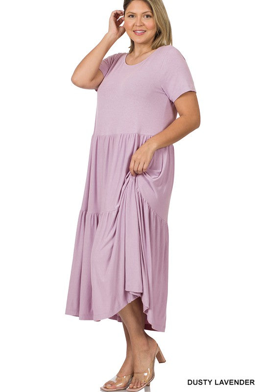 PLUS SIZE SHORT SLEEVE TIERED MIDI DRESS