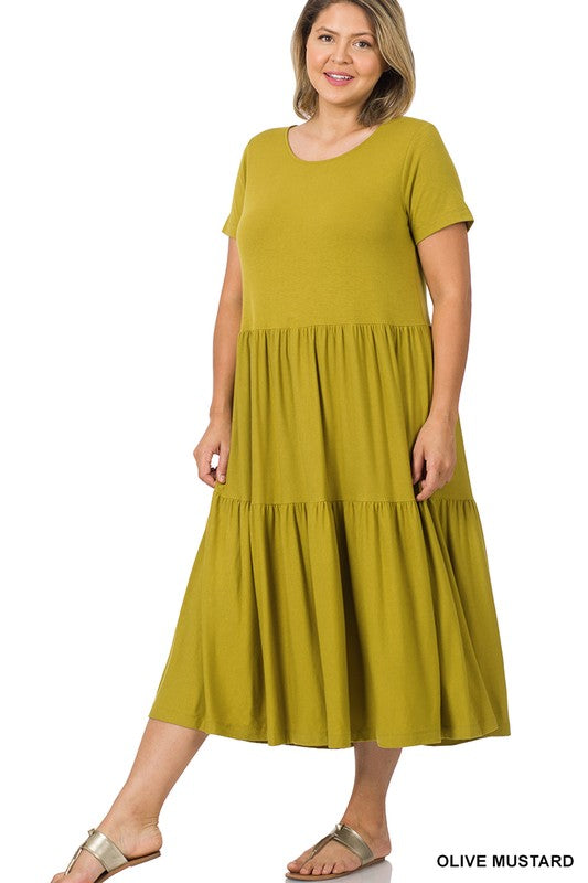 PLUS SIZE SHORT SLEEVE TIERED MIDI DRESS