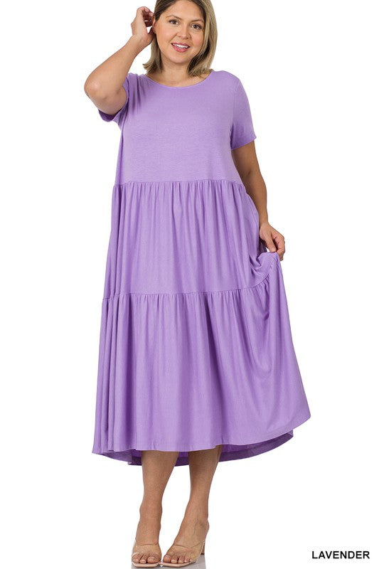 PLUS SIZE SHORT SLEEVE TIERED MIDI DRESS