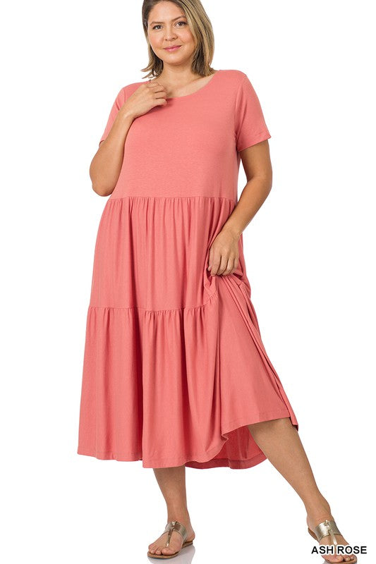 PLUS SIZE SHORT SLEEVE TIERED MIDI DRESS