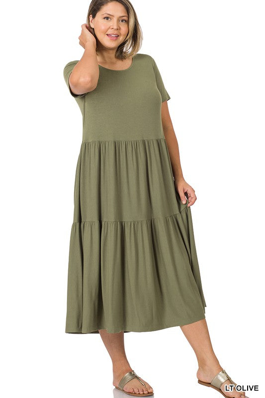 PLUS SIZE SHORT SLEEVE TIERED MIDI DRESS