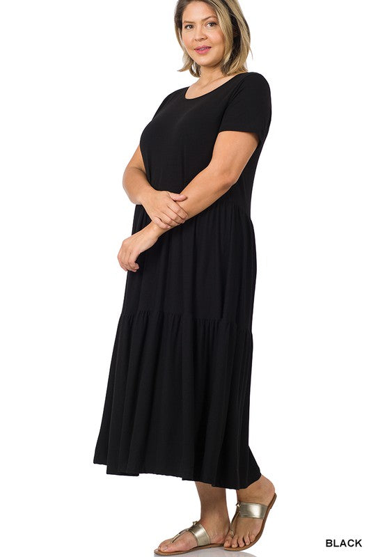 PLUS SIZE SHORT SLEEVE TIERED MIDI DRESS